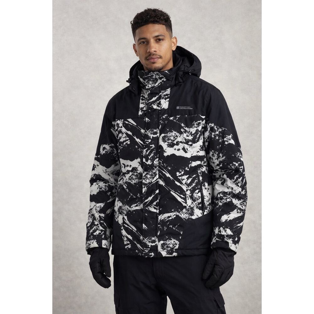 Mountain Warehouse Ski Jacket Mens XS Black Printed Hooded Winter Coat